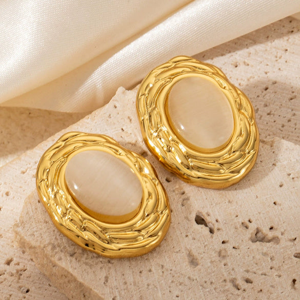 Wholesale Women's Luxury Oval Titanium Steel Earrings Inlaid With Natural Stone Geometric Style 18K Gold Plated