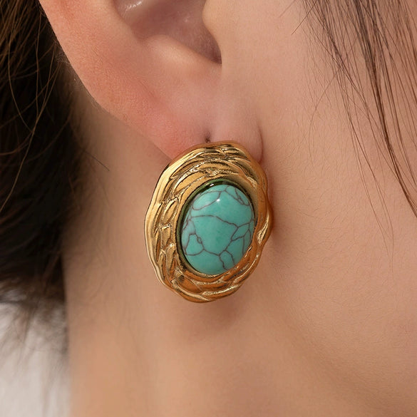 Wholesale Women's Luxury Oval Titanium Steel Earrings Inlaid With Natural Stone Geometric Style 18K Gold Plated