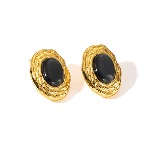 Wholesale Women's Luxury Oval Titanium Steel Earrings Inlaid With Natural Stone Geometric Style 18K Gold Plated