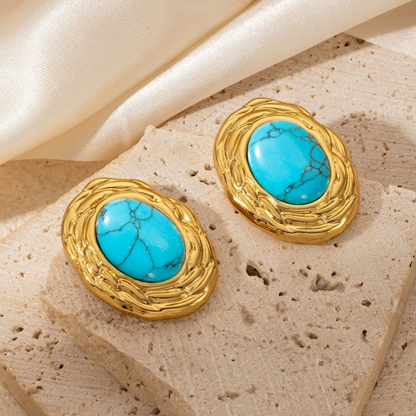 Wholesale Women's Luxury Oval Titanium Steel Earrings Inlaid With Natural Stone Geometric Style 18K Gold Plated