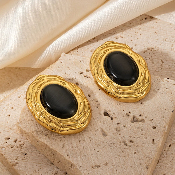 Wholesale Women's Luxury Oval Titanium Steel Earrings Inlaid With Natural Stone Geometric Style 18K Gold Plated