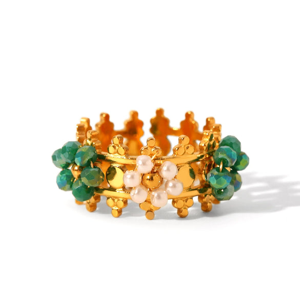 Wholesale Women's Luxury Vintage Stainless Steel Crown Beaded Flower Geometric Ring Electroplated Jewelry