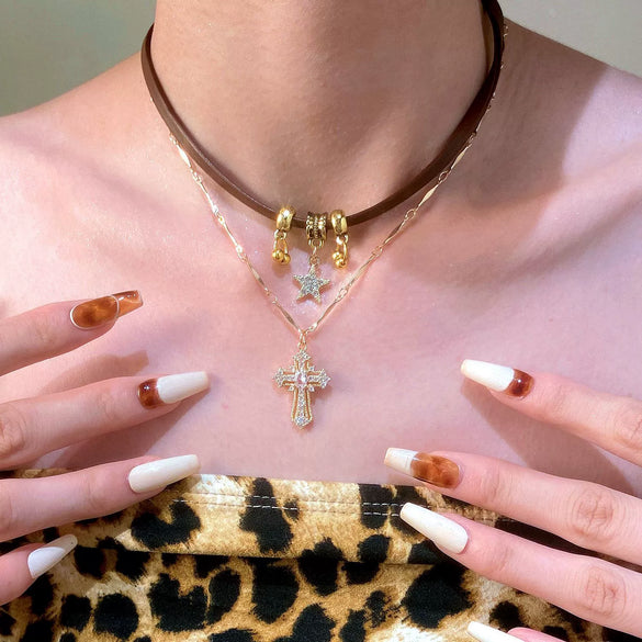 Wholesale Women's Maillard Style Alloy Star Shape Double Layer Stacked Necklace With Electroplating