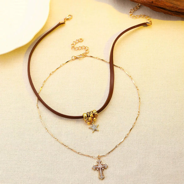 Wholesale Women's Maillard Style Alloy Star Shape Double Layer Stacked Necklace With Electroplating