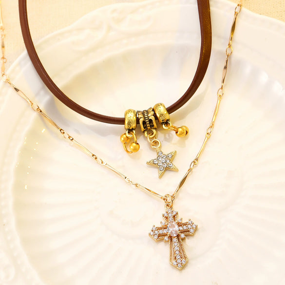 Wholesale Women's Maillard Style Alloy Star Shape Double Layer Stacked Necklace With Electroplating