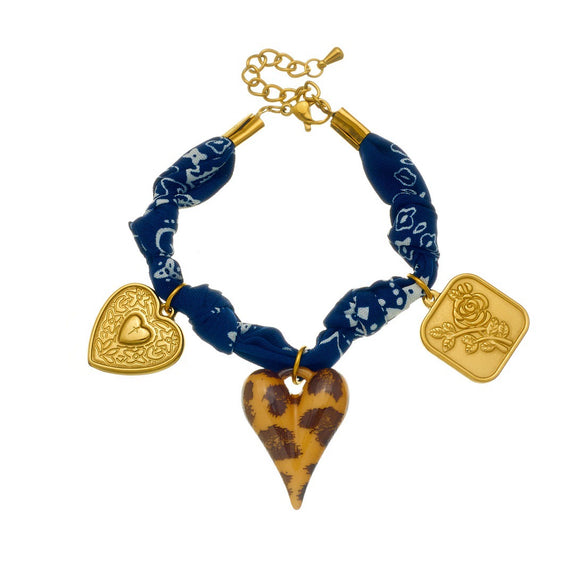 Wholesale Women's Maillard Style Dark Blue Leopard Print Stainless Steel Goldplated Heartshaped Embossed Pendant Bracelet