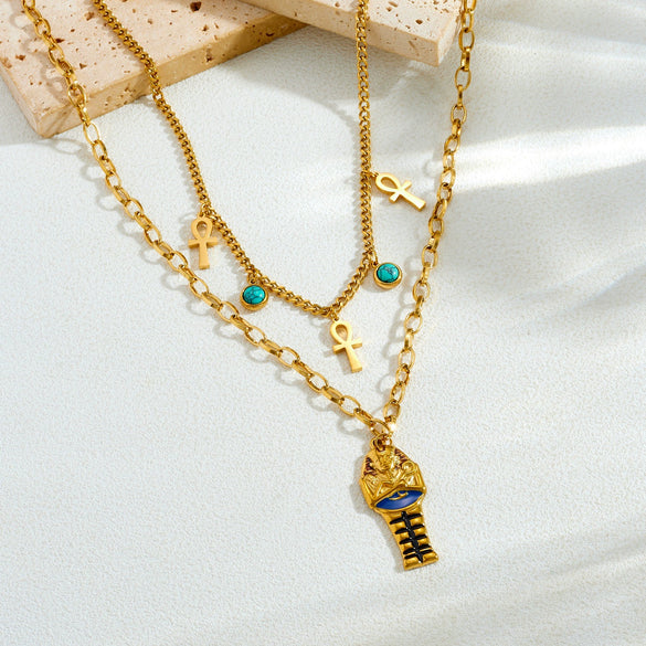 Wholesale Women's Maillard Style Doublelayered Goldplated Stainless Steel Cross Pendant Necklace Choker