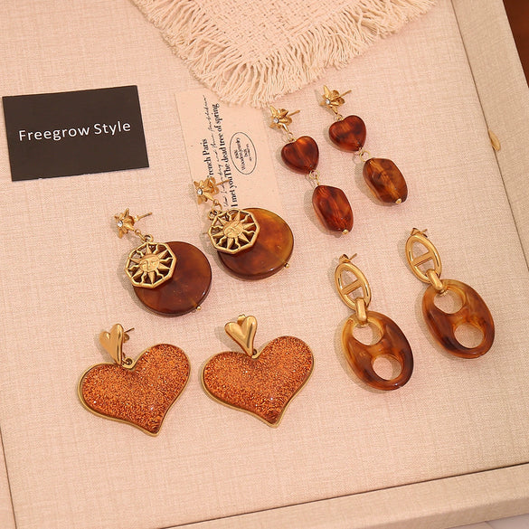 Wholesale Women's Maillard Style Geometric Tiger Eye Real Gold Plated Titanium Steel Earrings