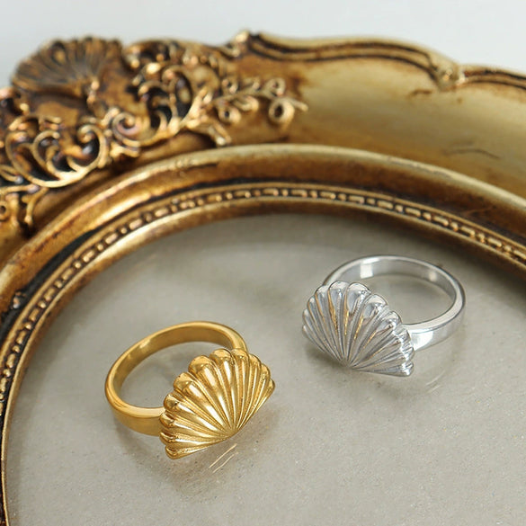 Wholesale Women's Marine Flavor Scallop Ring 316L Stainless Steel Gold Plated Geometric Design