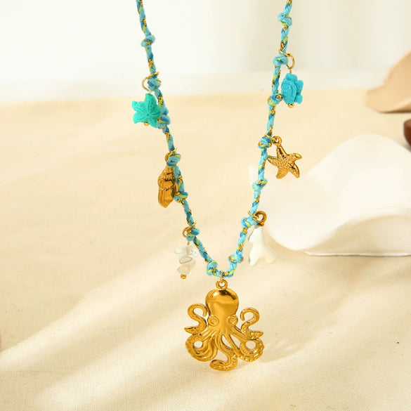 Wholesale Women's Marine Jewelry Octopus And Starfish Geometric Animal Zodiac Stainless Steel Titanium Steel Goldplated Pendant Braided Rope Clavicle Necklace