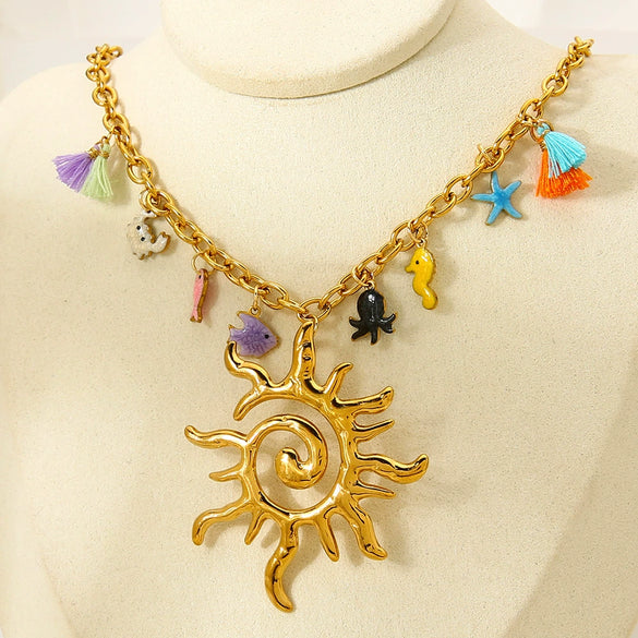 Wholesale Women's Marine Life Animal Style Stainless Steel Ball Chain Necklace With 18K Gold Electroplated Pendant