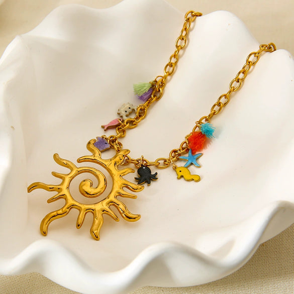 Wholesale Women's Marine Life Animal Style Stainless Steel Ball Chain Necklace With 18K Gold Electroplated Pendant
