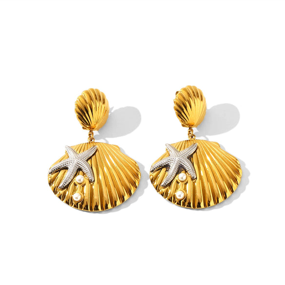 Wholesale Women's Marine Style Stainless Steel Shell Starfish Earrings With Geometric Design And Electroplating