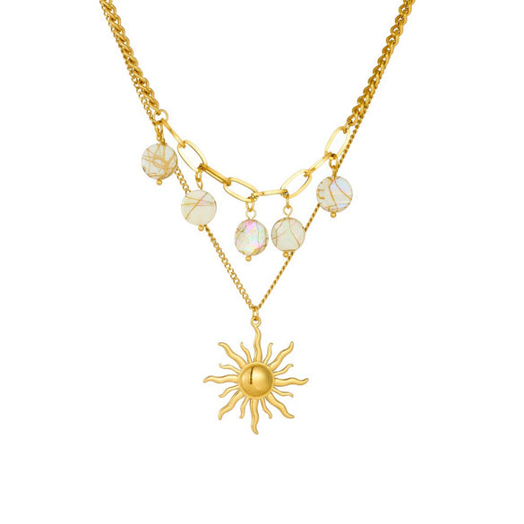 Wholesale Women's Medieval Minimalist Geometric Round Stainless Steel Goldplated Doublelayer Stacked Pendant Necklace