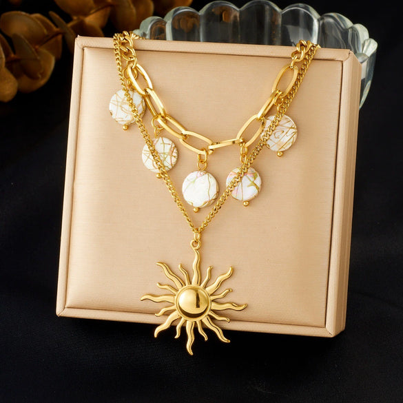 Wholesale Women's Medieval Minimalist Geometric Round Stainless Steel Goldplated Doublelayer Stacked Pendant Necklace