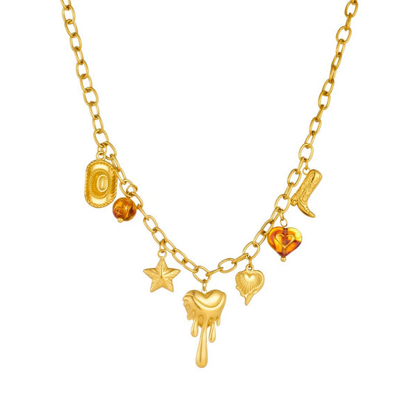 Wholesale Women's Medieval Multielement Heartshaped Goldplated Stainless Steel Pendant Necklace With Oshaped Chain
