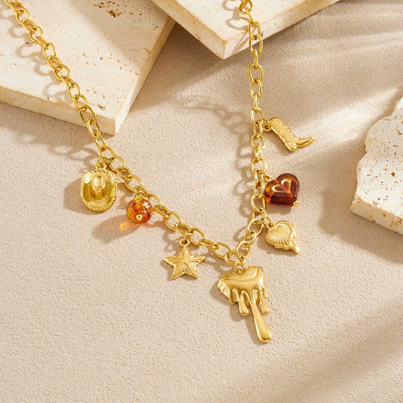 Wholesale Women's Medieval Multielement Heartshaped Goldplated Stainless Steel Pendant Necklace With Oshaped Chain