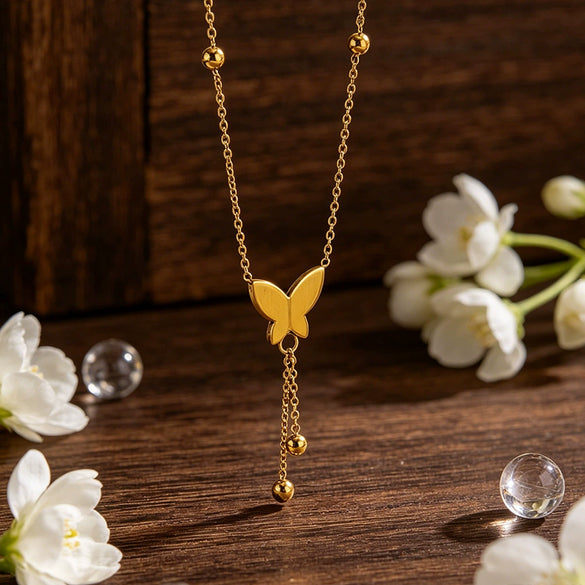Wholesale Women's Medieval Style Animal Zodiac Butterfly Tassel Stainless Steel Titanium Steel 18K Gold Plated Vacuum Electroplated In Furnace Clavicle Necklace