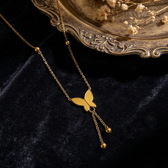 Wholesale Women's Medieval Style Animal Zodiac Butterfly Tassel Stainless Steel Titanium Steel 18K Gold Plated Vacuum Electroplated In Furnace Clavicle Necklace