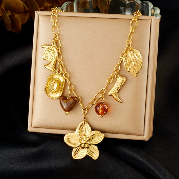 Wholesale Women's Medieval Style Flower Heartshaped Stainless Steel Electroplated Pendant Chain Necklace With Oshaped Chain