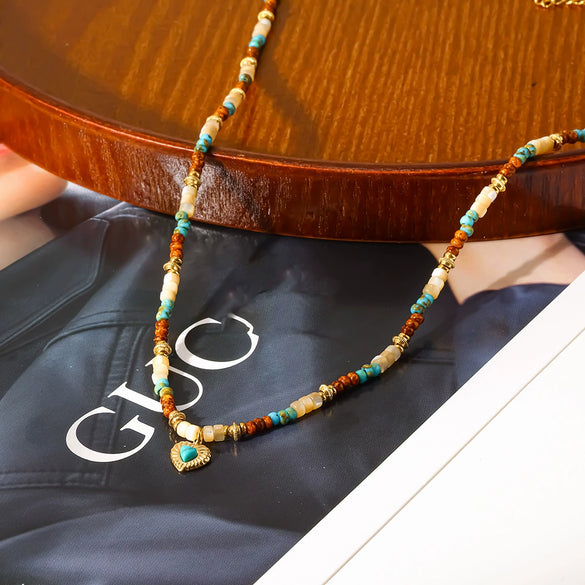Wholesale Women's Medieval Style Geometric Natural Stone And Stainless Steel Handmade Beaded Real Gold Plated Necklace