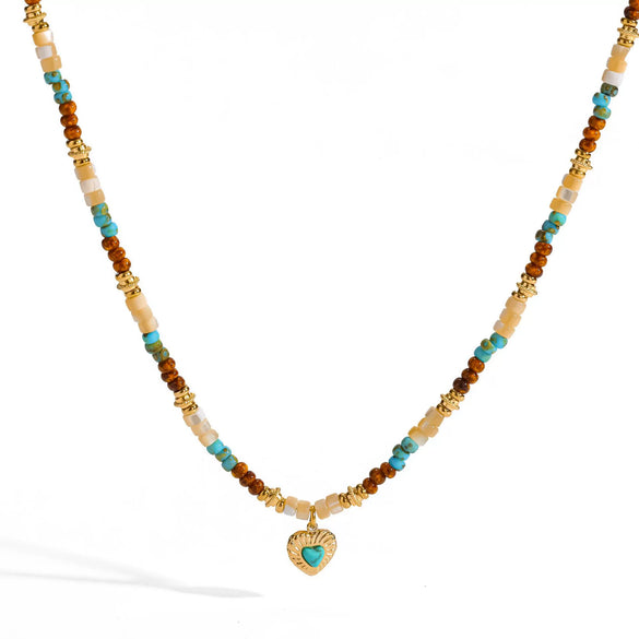 Wholesale Women's Medieval Style Geometric Natural Stone And Stainless Steel Handmade Beaded Real Gold Plated Necklace