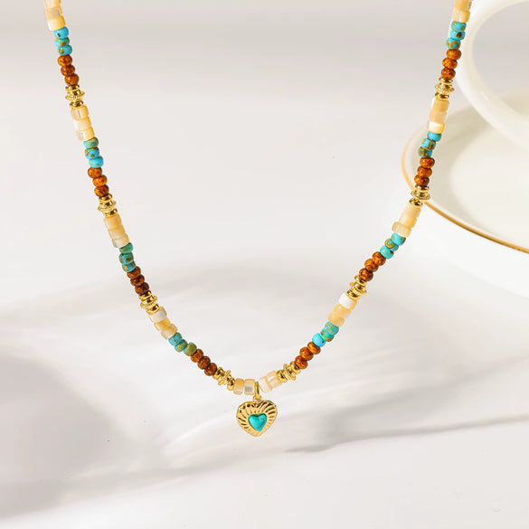 Wholesale Women's Medieval Style Geometric Natural Stone And Stainless Steel Handmade Beaded Real Gold Plated Necklace