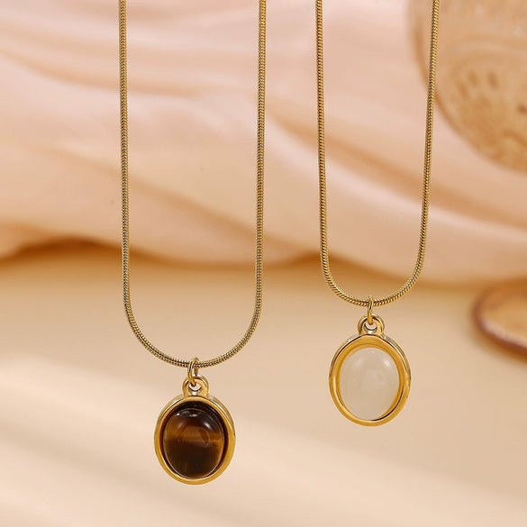 Wholesale Women's Medieval Style Gold Plated Geometric Oval Tiger Eye Pendant Necklace With Rope Chain
