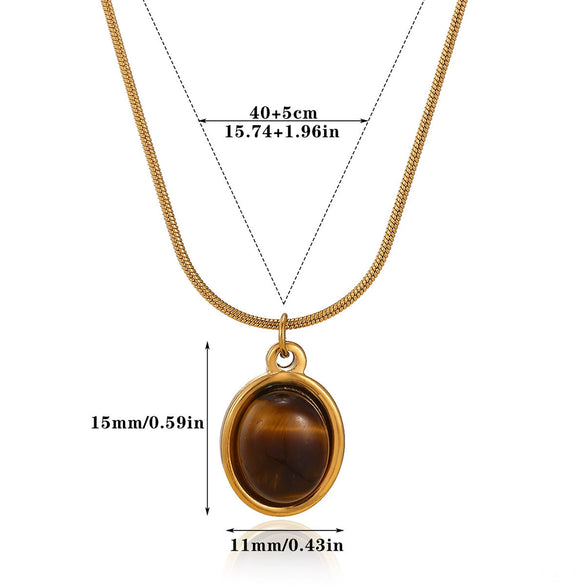 Wholesale Women's Medieval Style Gold Plated Geometric Oval Tiger Eye Pendant Necklace With Rope Chain