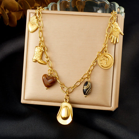 Wholesale Women's Medieval Style Gold Plated Stainless Steel Cross Cowboy Elements Pendant Necklace With Oshaped Chain