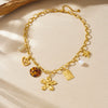 Wholesale Women's Medieval Style Goldplated Stainless Steel Cut Out Heartshaped Flower Leopard Print Pendant Necklace With Flash O Chain