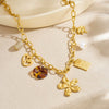 Wholesale Women's Medieval Style Goldplated Stainless Steel Cut Out Heartshaped Flower Leopard Print Pendant Necklace With Flash O Chain
