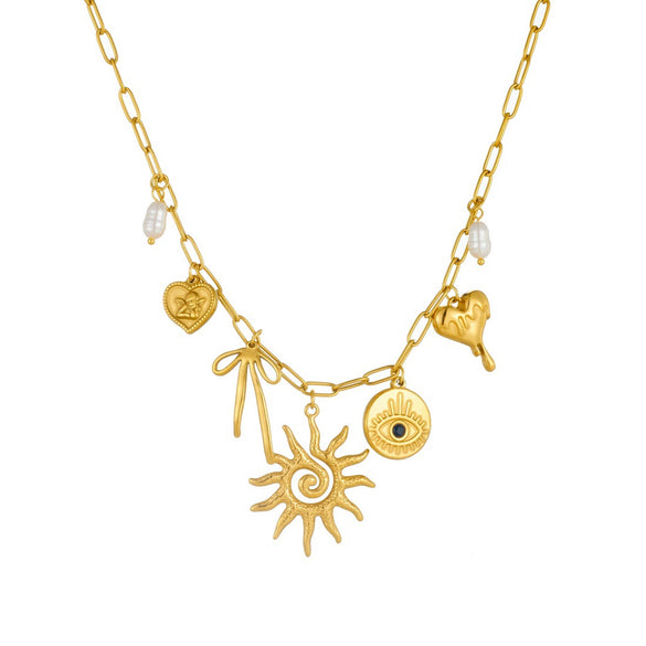 Wholesale Women's Medieval Style Goldplated Stainless Steel Necklace With Heartshaped And Bow Tie Pendant And Flat Cross Chain