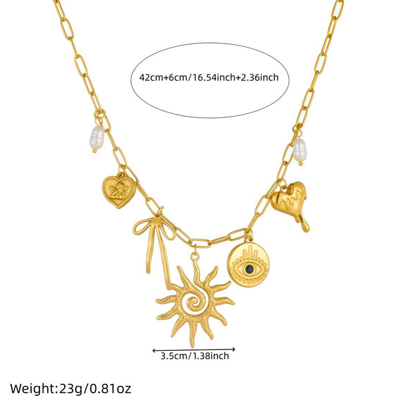 Wholesale Women's Medieval Style Goldplated Stainless Steel Necklace With Heartshaped And Bow Tie Pendant And Flat Cross Chain