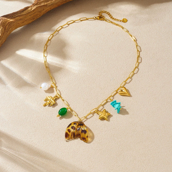 Wholesale Women's Medieval Style Goldplated Stainless Steel Star And Heart Shape Multipendant Necklace With Flat Cross Chain