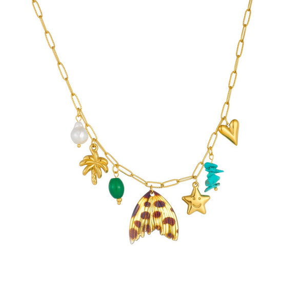 Wholesale Women's Medieval Style Goldplated Stainless Steel Star And Heart Shape Multipendant Necklace With Flat Cross Chain