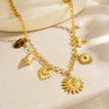 Wholesale Women's Medieval Style Goldplated Stainless Steel Sun Face Heartshaped Bow Tie Pendant Necklace With O Word Chain