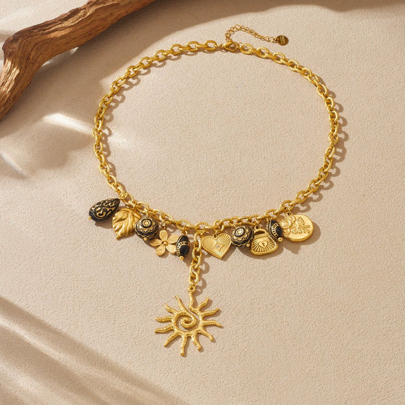 Wholesale Women's Medieval Style Heart Shape Black Carved Geometric Goldplated Stainless Steel Spiral Sun Flower Leaf Pendant Necklace With Oshaped Chain