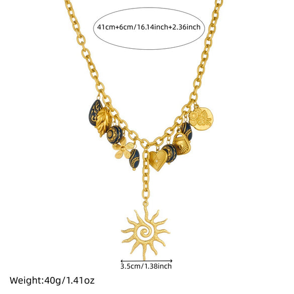 Wholesale Women's Medieval Style Heart Shape Black Carved Geometric Goldplated Stainless Steel Spiral Sun Flower Leaf Pendant Necklace With Oshaped Chain