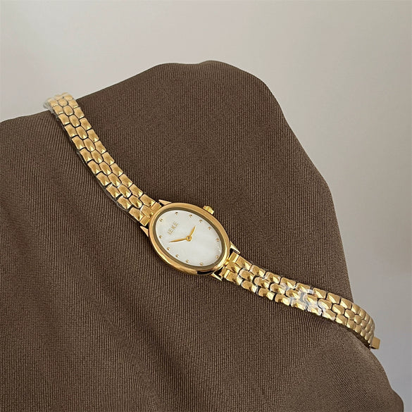 Wholesale Women's Medieval Style Oval Motherofpearl Watch With Stainless Steel Strap And Buckle Alloy Case And Ordinary Glass Mirror
