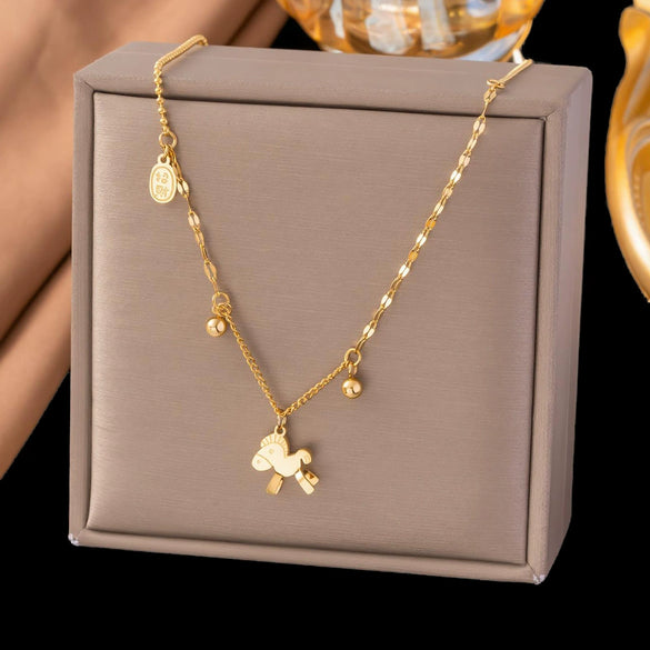 Wholesale Women's Medieval Style Real Gold Plated Titanium Steel Zodiac Horse Pendant Necklace With Irregular Chain