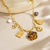Wholesale Women's Medieval Style Stainless Steel Leopard Print Flower Gold Electroplated Pendant Necklace With Flat Cross Chain