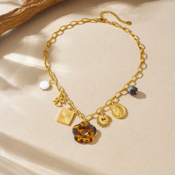 Wholesale Women's Medieval Style Stainless Steel Leopard Print Flower Gold Electroplated Pendant Necklace With Flat Cross Chain