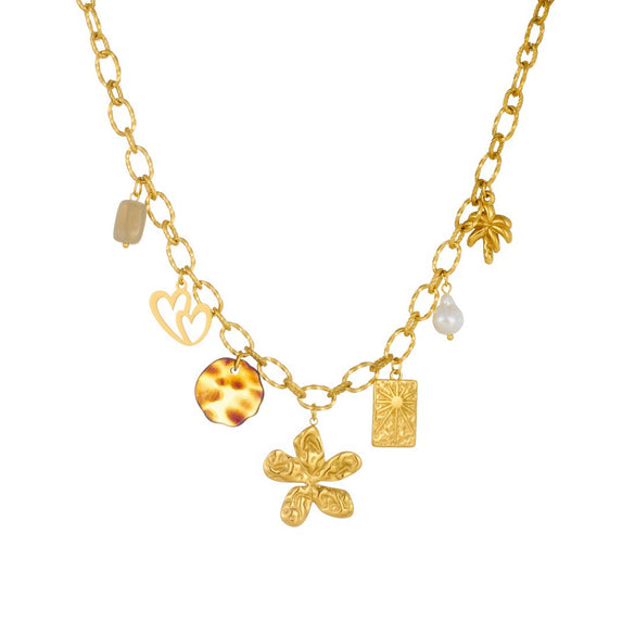 Wholesale Women's Medieval Style Stainless Steel Necklace With Gold Plated Flower Leopard Print Heart And Square Hollow Pendant And Flash O Chain