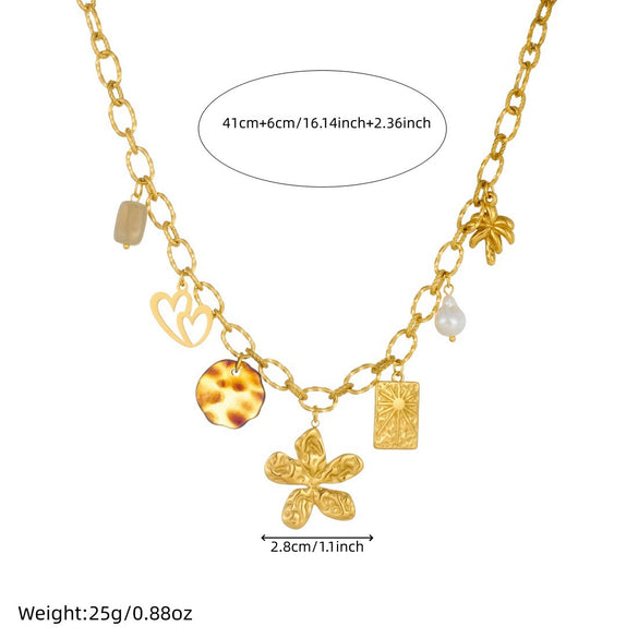 Wholesale Women's Medieval Style Stainless Steel Necklace With Gold Plated Flower Leopard Print Heart And Square Hollow Pendant And Flash O Chain