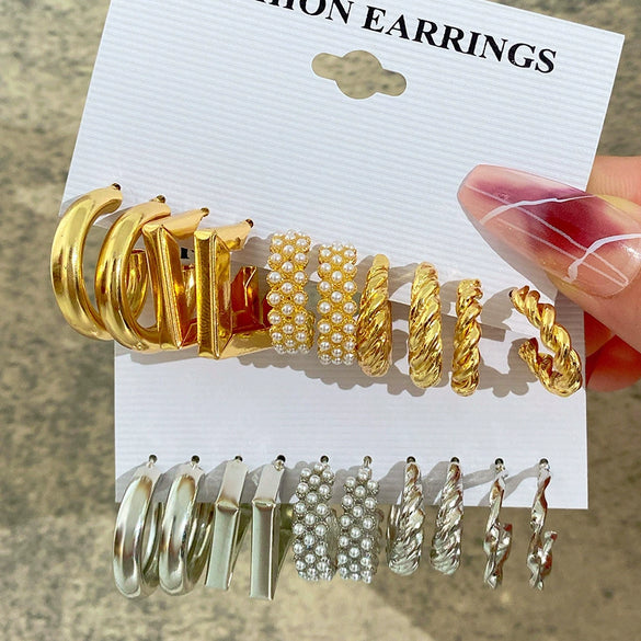 Wholesale Women's Metal C Type Geometric Pearl Earring Set With Electroplating Design