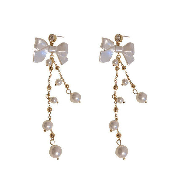 Wholesale Women's Metal Electroplated Bow Shape Pearl Tassel Earrings Light Luxury Style