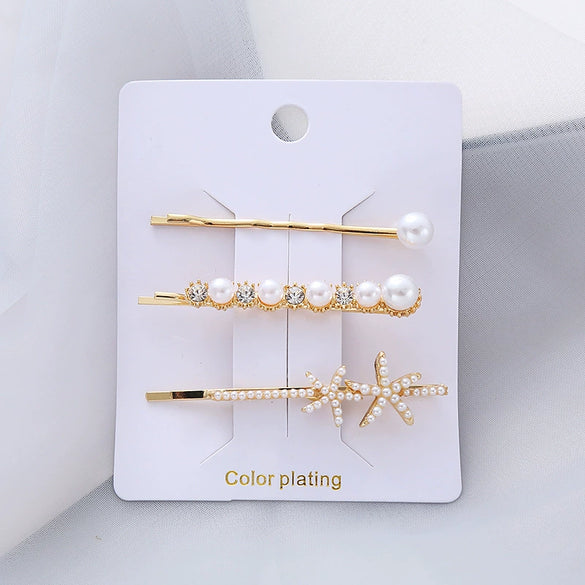 Wholesale Women's Metal Electroplated Pearl Crystal Diamond Bangs Clip Hair Accessories Fashion Ol Geometric Style