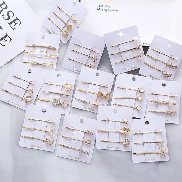 Wholesale Women's Metal Electroplated Pearl Crystal Diamond Bangs Clip Hair Accessories Fashion Ol Geometric Style