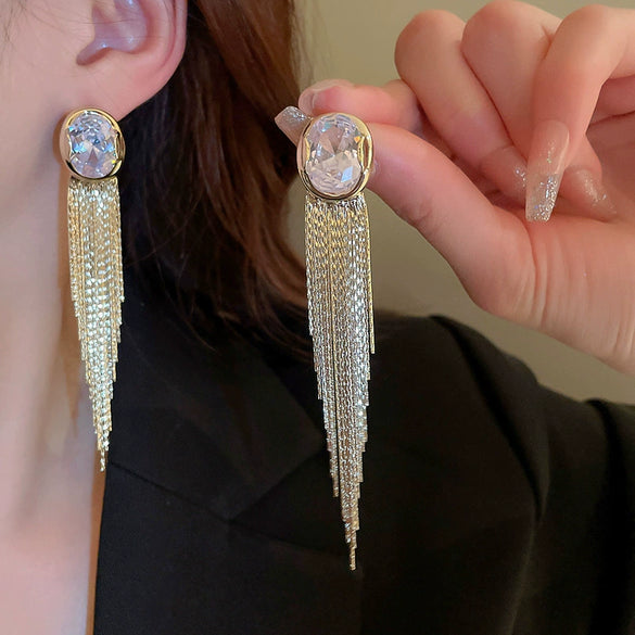 Wholesale Women's Metal Geometric Diamond Tassel Earrings With Silver Needle Chain